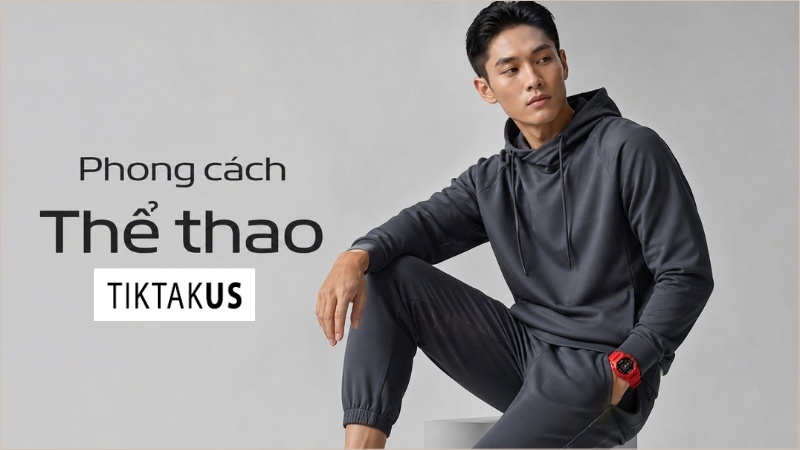 Người mẫu nam mặc set đồ thể thao quần jogger áo hoodie đeo đồng hồ G-Shock màu đỏ nổi bật