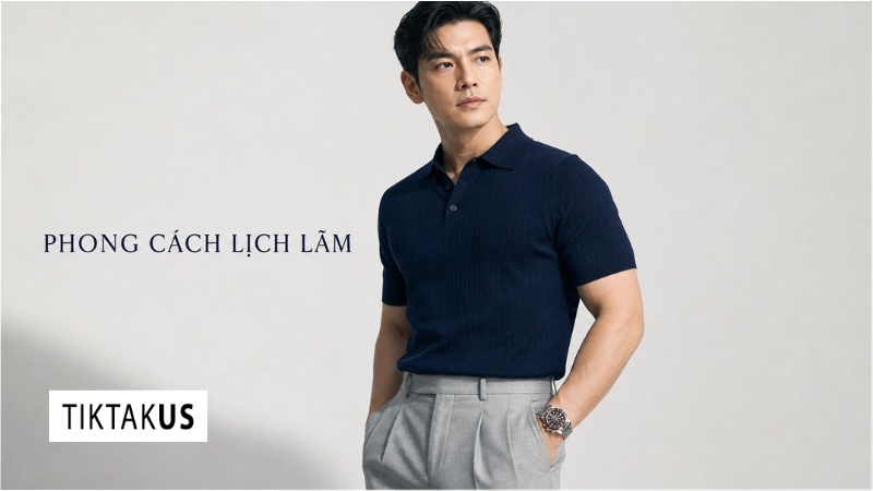 Người mẫu nam mặc áo polo cắm thùng quần tây đeo đồng hồ G-Shock viền kim loại sáng bóng