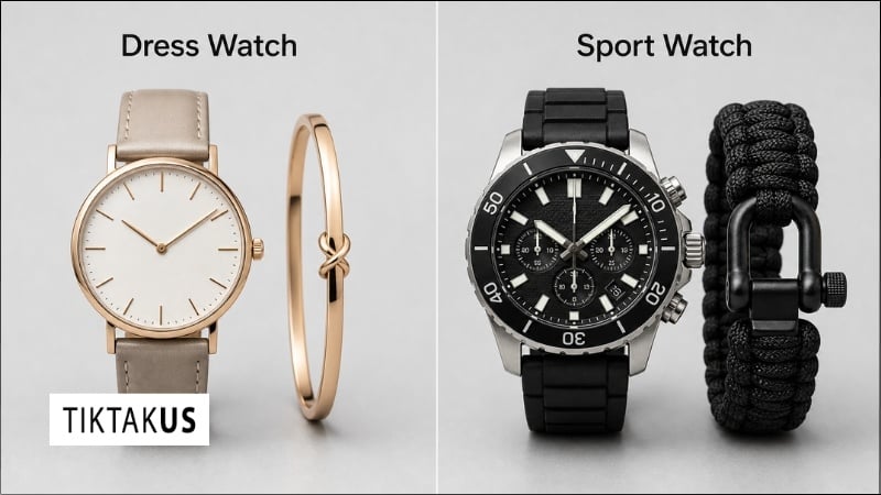 Bố cục chia hai nửa minh họa đồng hồ Dress Watch đi với vòng kim loại mảnh và Sport Watch đi với vòng paracord
