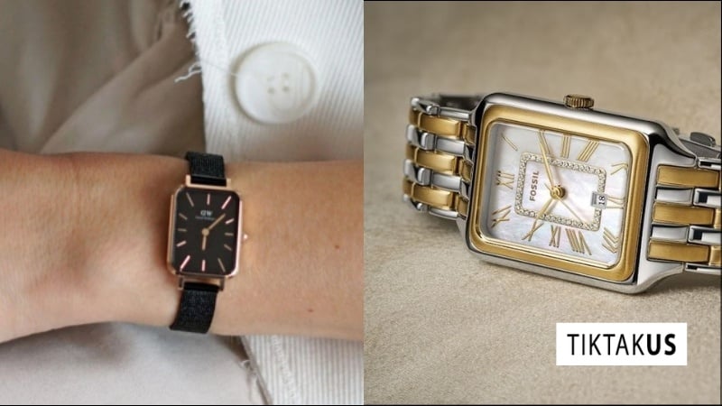 So sánh đồng hồ nữ mặt vuông dây da và dây kim loại