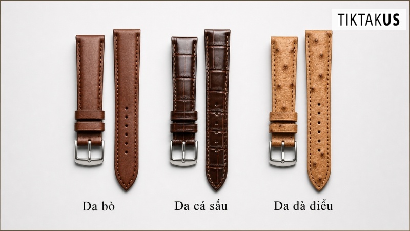 Đặt 3 loại dây da bò, da cá sấu và da đà điểu cạnh nhau để hiển thị rõ sự khác biệt về kết cấu bề mặt