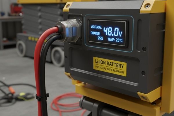 Điện áp của pin lithium xe nâng người thường là 48V hoặc 72V