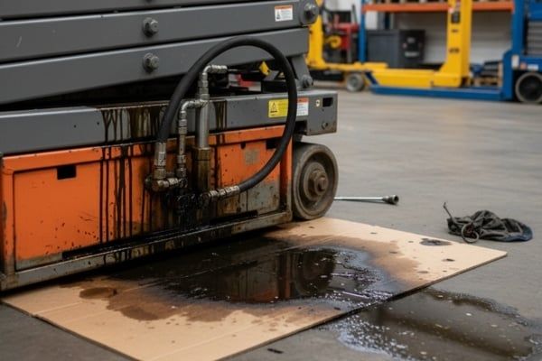 Hệ thống thủy lực xe nâng người bị chảy dầu tại khớp nối ống, làm giảm áp suất vận hành
