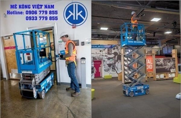 Xe nâng người thi công PCCC dạng cắt kéo hỗ trợ thợ đến sát mặt trần nhà xưởng