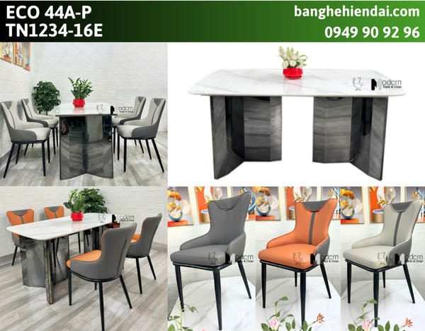 Bộ bàn mặt đá chữ nhật 4 ghế ăn nệm da TN1234-16E _ ECO 44A-P