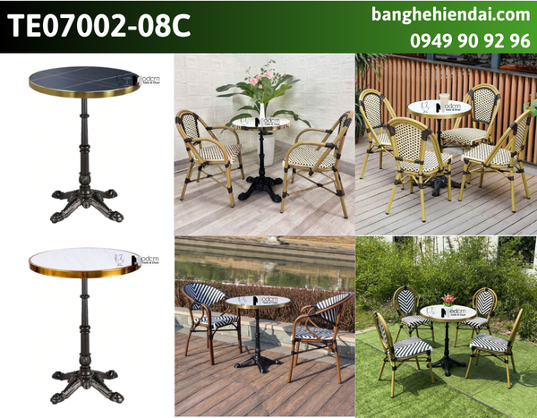 Bàn ban công mặt đá tròn viền inox màu vàng TE07002