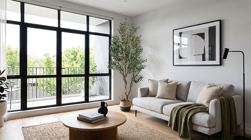 cây ô liu giả trang trí trong phòng khách hiện đại