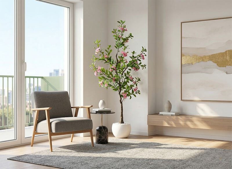 cây giả cao đặt ở góc phòng khách