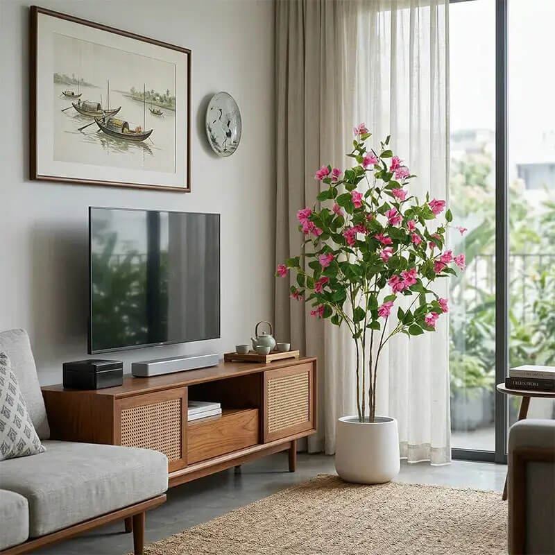 cây giả đặt cạnh kệ tivi trong phòng khách hiện đại