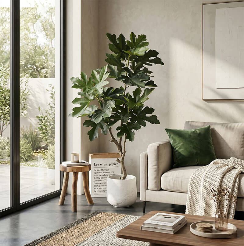 cây giả đặt cạnh sofa phòng khách
