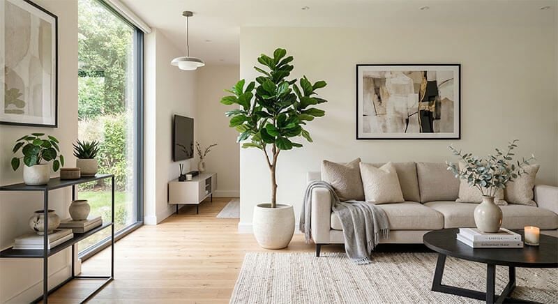 cây giả đặt cạnh sofa trong phòng khách