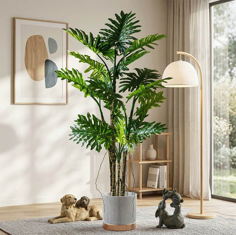 cây giả kết hợp đèn decor phòng khách