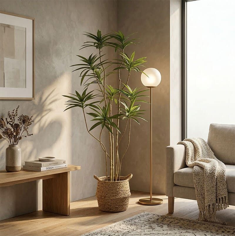 cây giả kết hợp đèn decor phòng khách