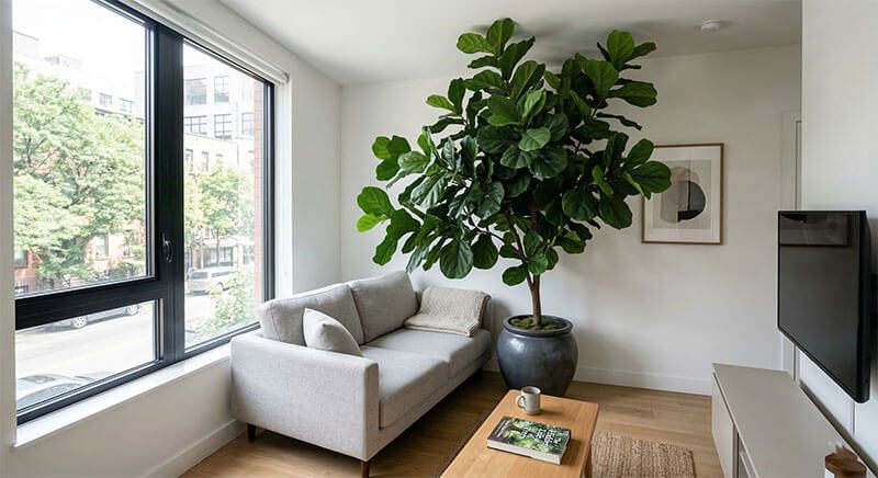 cây giả quá lớn trong phòng khách nhỏ