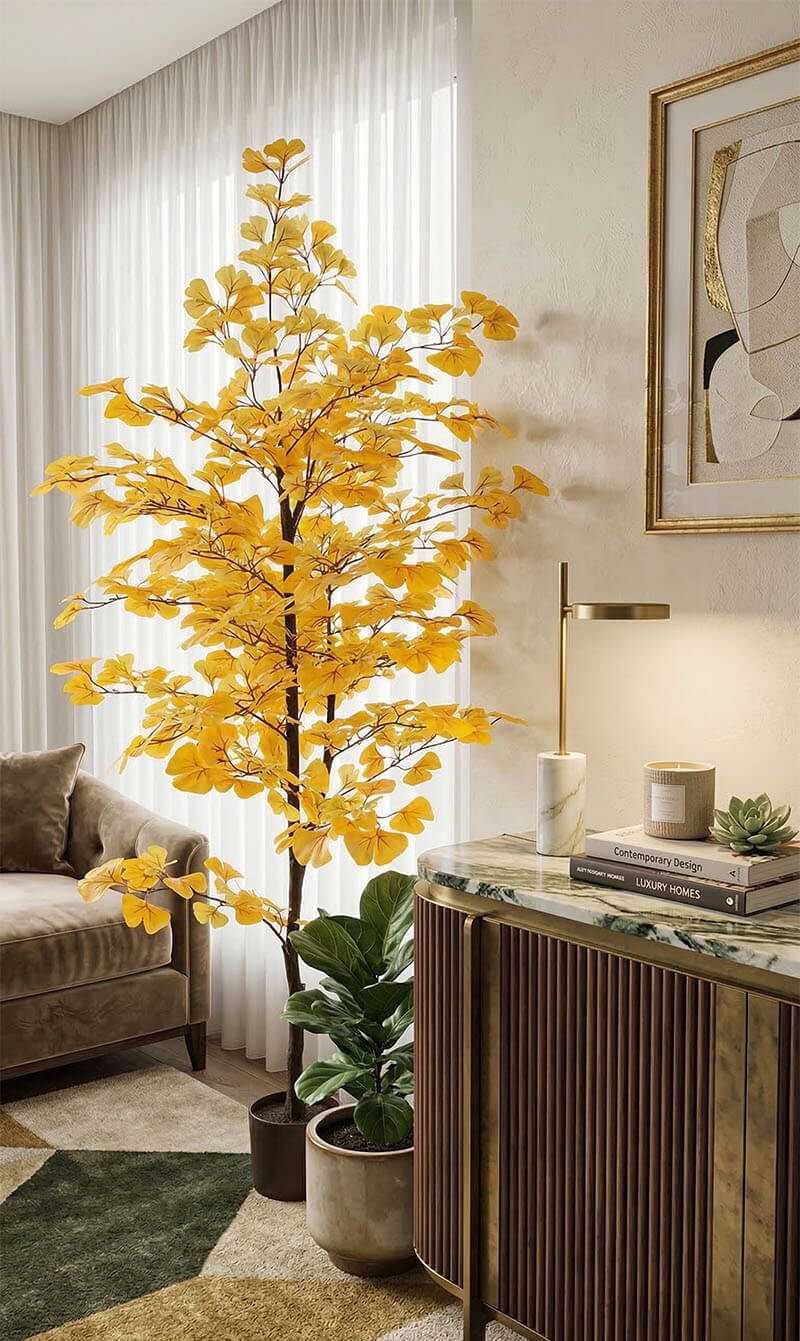 cây giả decor đặt cạnh kệ trang trí