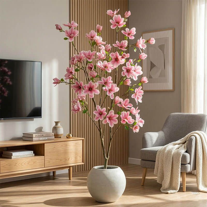 cây giả trang trí cạnh kệ tivi phòng khách