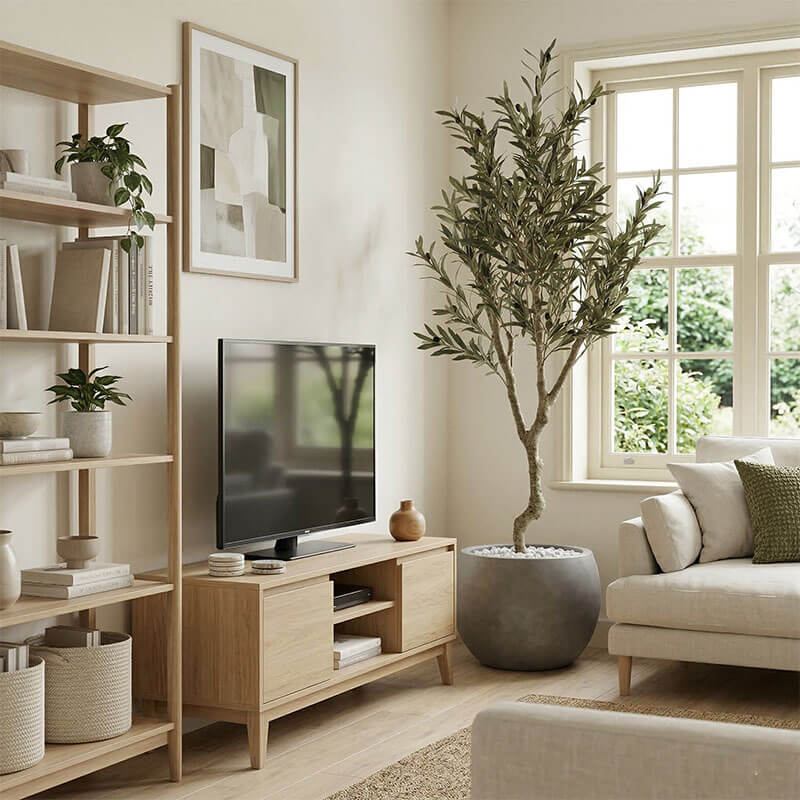 cây giả decor đặt cạnh kệ tivi