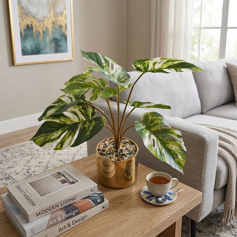 chậu cây giả decor bàn trà sang trọng