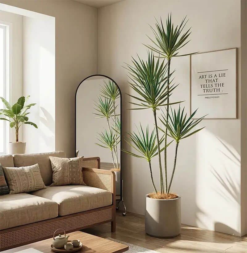 ý tưởng decor phòng khách với cây giả đẹp và hiện đại