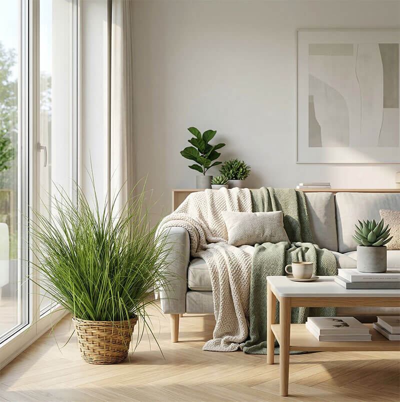 decor phòng khách với cây giả hiện đại