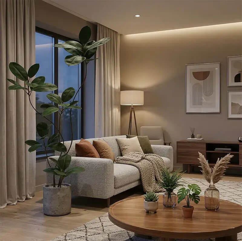 vị trí đặt cây giả trong phòng khách giúp không gian sang trọng hơn