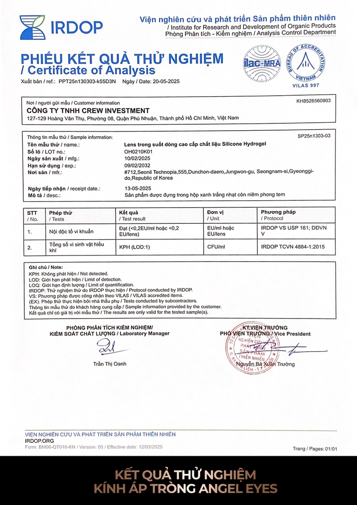 KẾT QUẢ THỬ NGHIỆM CHẤT LƯỢNG KÍNH ÁP TRÒNG ANGEL EYES
