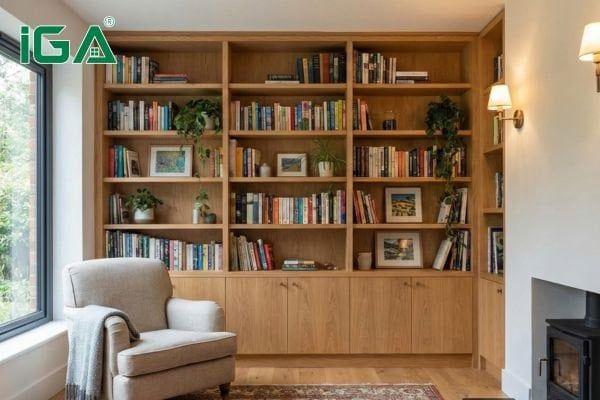 Tủ sách âm tường phòng khách giúp tiết kiệm diện tích