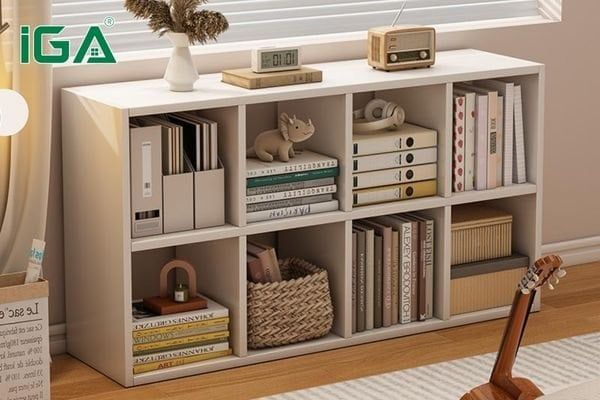 Đặt kệ sách trong phòng khách giúp căn phòng gọn gàng hơn