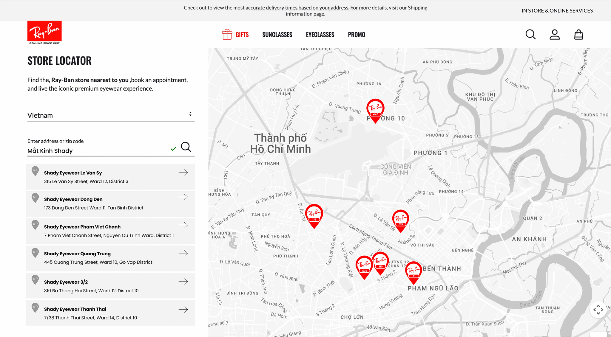 6 Chi Nhánh Mắt Kính Shady Chính Thức Hiển Thị Trên Ray-Ban Store Locator Toàn Cầu