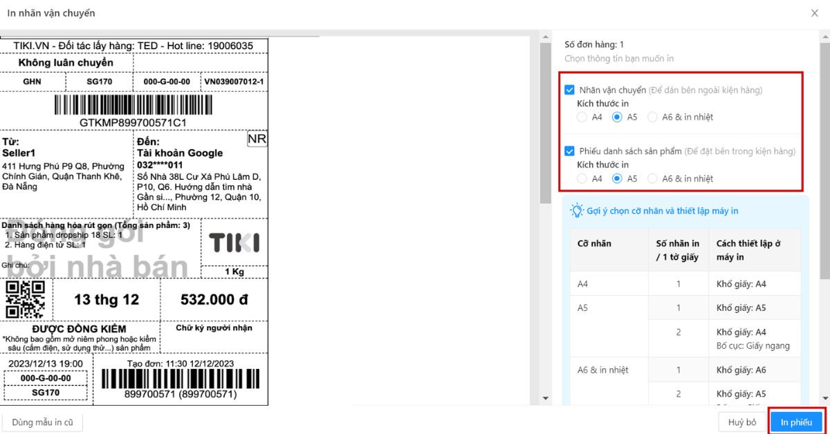 Bước 5: Dán phiếu vận chuyển (mã vận đơn)