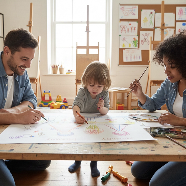 Bé đang tập trung vẽ tranh chủ đề gia đình bằng màu sáp Star Kids