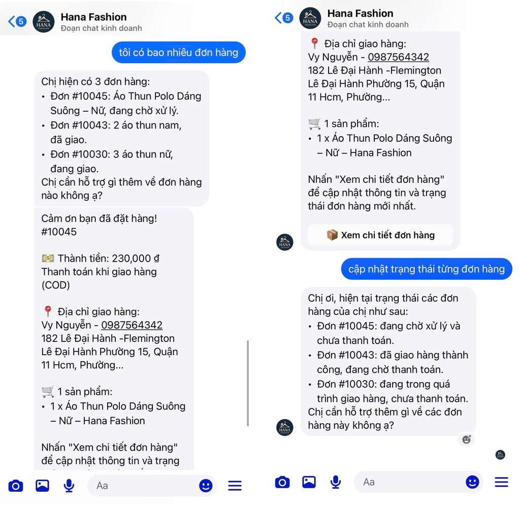 Haravan AI Chat cập nhật trạng thái đơn hàng cho khách