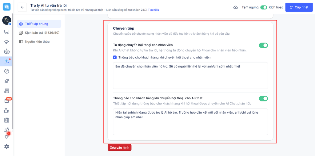 Tính năng chuyển tiếp hội thoại cho nhân viên của Haravan AI Chat