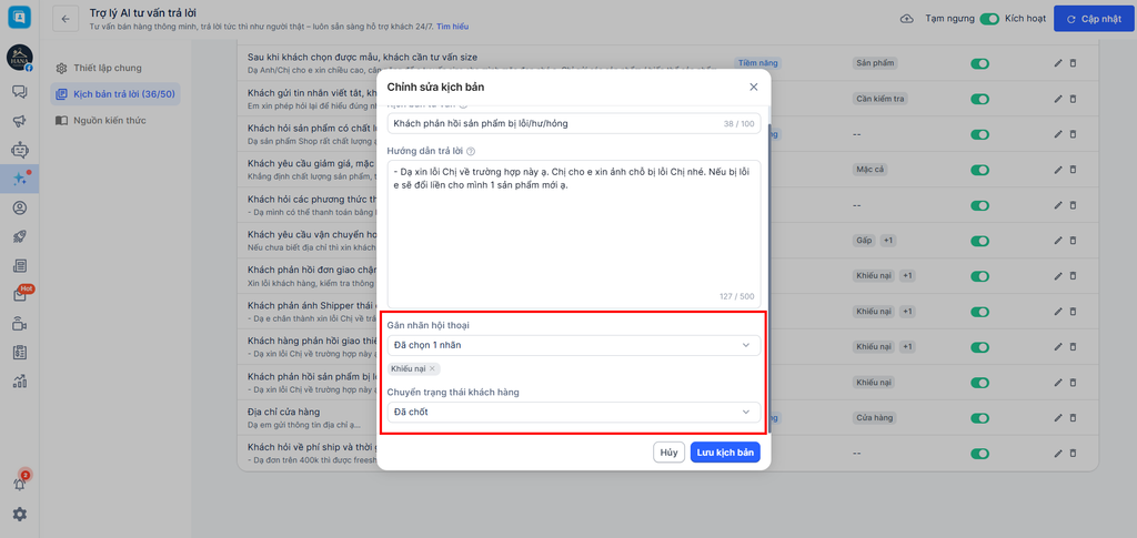 Haravan AI Chat gắn nhãn hội thoại và chuyển trạng thái khách hàng