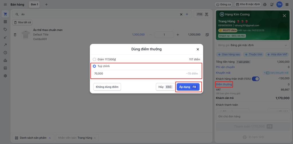 Tùy chỉnh điểm thưởng khi tạo đơn
