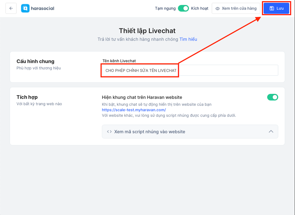 Cho phép đổi tên kênh livechat