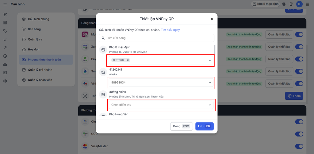Liên kết cửa hàng Haravan và các điểm thu VNPAY tương ứng để phân luồng doanh thu