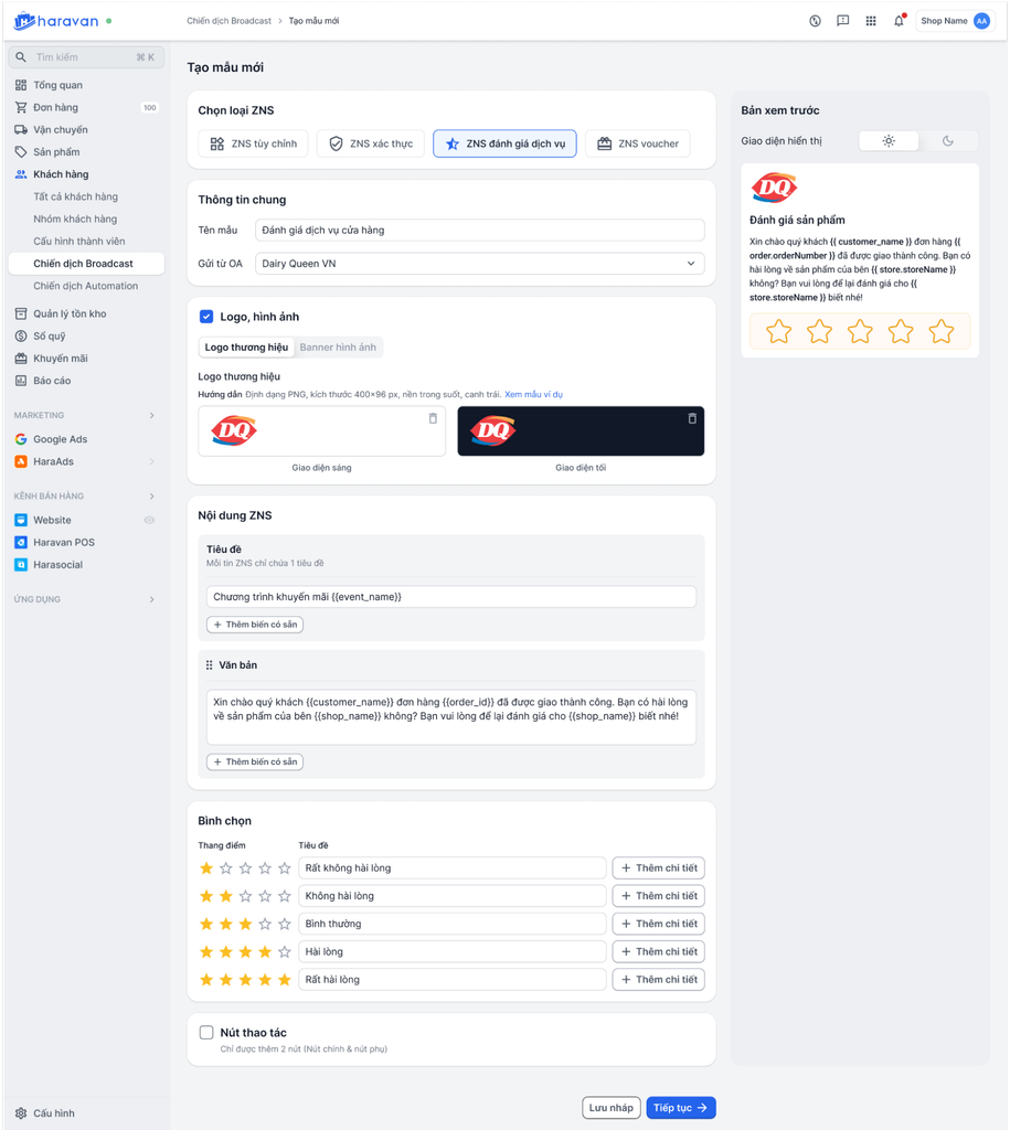 Tạo template ZNS đánh giá đơn hàng