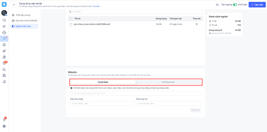 Thiết lập nguồn kiến thức cho Haravan AI Chat