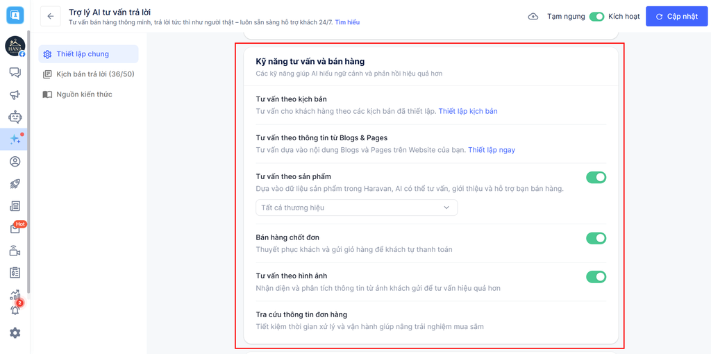 Thiết lập kỹ năng tư vấn và bán hàng cho Haravan AI Chat