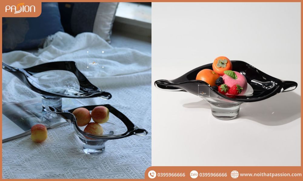 Dĩa Thủy Tinh Chân Cao Đế Dày Trang Trí Bàn Tiệc Hình Chiếc Lá