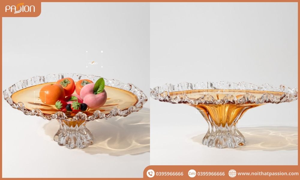 Dĩa Thủy Tinh Pha Lê Viền Dập Ply Hình Cành Hoa Hổ Phách