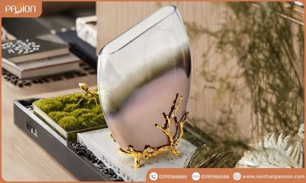 Bình hoa Decor thủy tinh gradient chân đế vàng