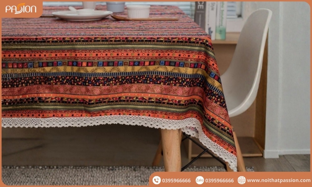 Khăn Trải Bàn Hình Học Bronzing Sọc Cotton Bố Gai Viền Ren Tua Rua