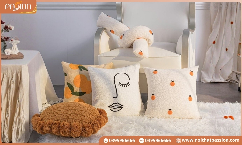 Gối tựa lưng sofa len cừu họa tiết Bắc Âu trắng cam hiện đại