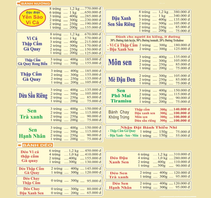 Bảng giá bánh Trung Thu Như Lan 2025