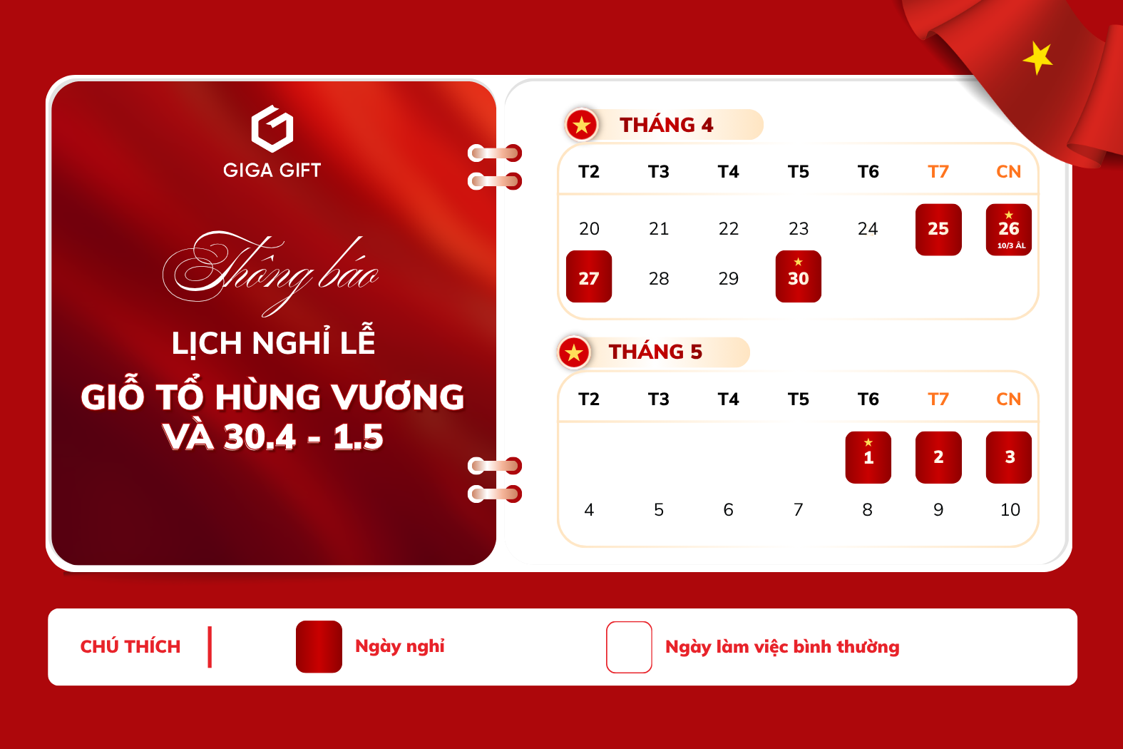Giga Gift thông báo lịch nghỉ lễ Giỗ Tổ Hùng Vương 10/3 và 30/4 - 1/5