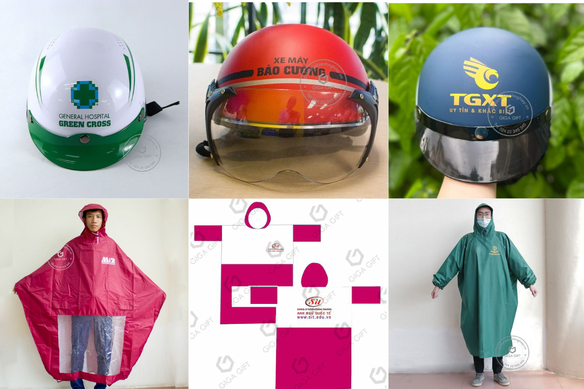 Các mẫu áo mưa và mũ bảo hiểm phù hợp in logo, slogan doanh nghiệp