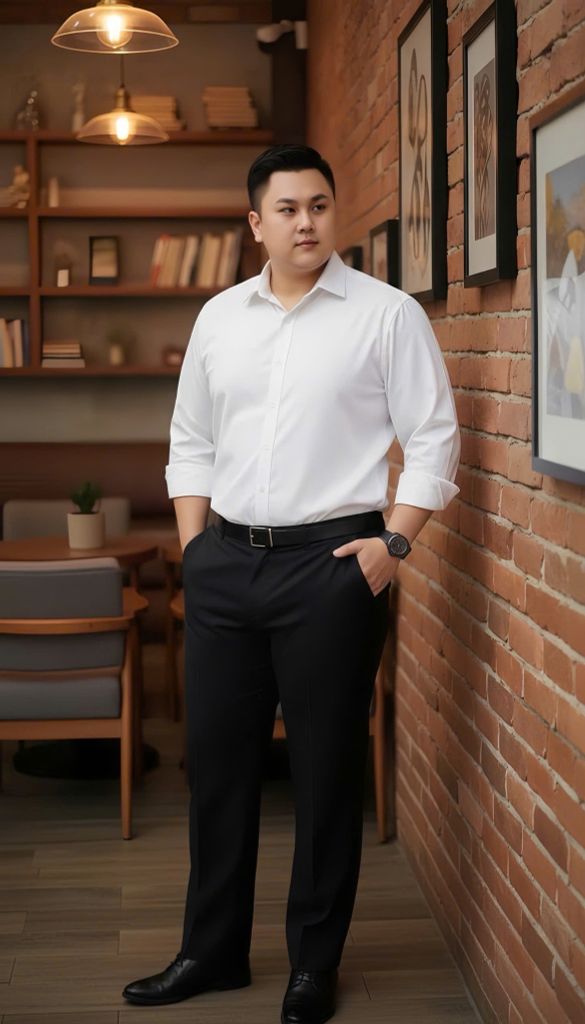 Set bộ big size nam Akyoo: Áo sơ mi kẻ trắng họa tiết kết hợp với quần âu đen