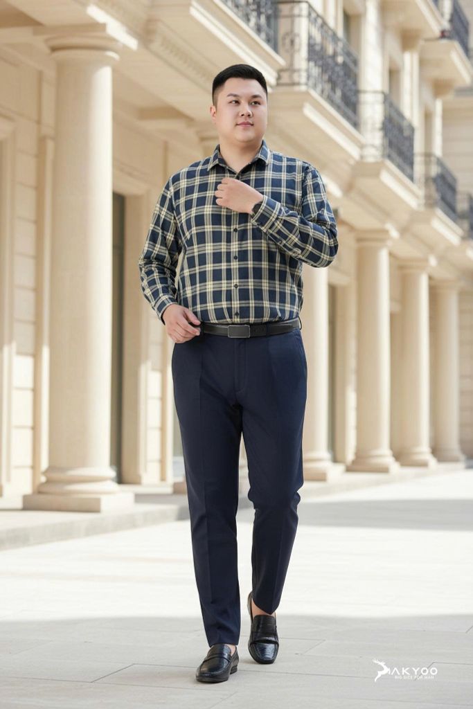 Set bộ big size nam Akyoo: Áo sơ mi caro xanh nayvy kết hợp với quần âu xanh navy